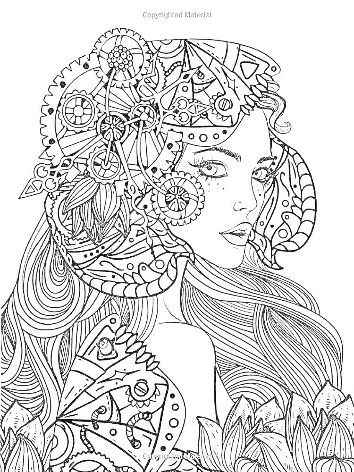 На раскраске изображено: Женщина, Шестеренки, Цветы, Длинные волосы, Узоры, Сложные детали