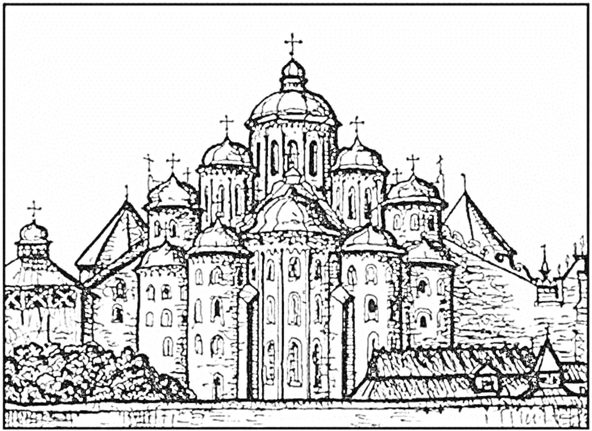 РаскраскаСобор в Киеве с куполами, деревьями и окружающими зданиями