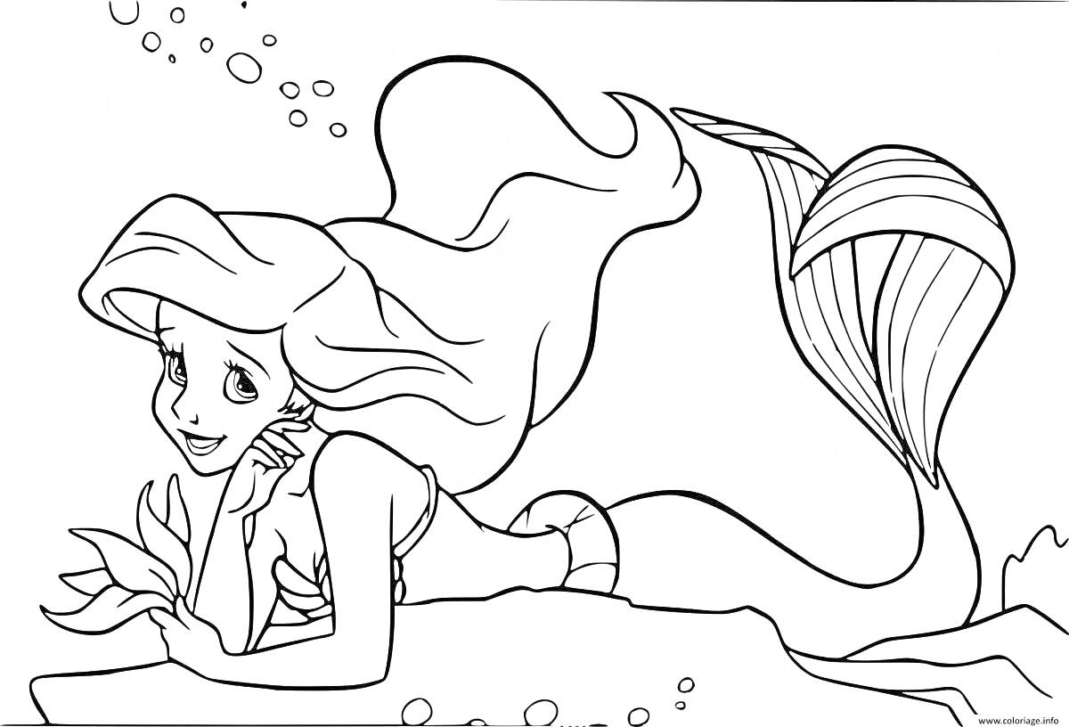 На раскраске изображено: Для девочек, 6 лет, Под водой, Длинные волосы, Хвост русалки, Подводный мир, Растения, Пузыри, Русалка