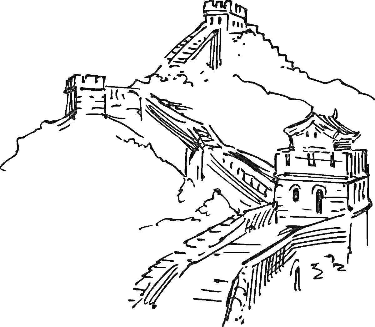 На раскраске изображено: Великая Китайская стена, Башни, Холмы, Архитектура, Китай, Природа