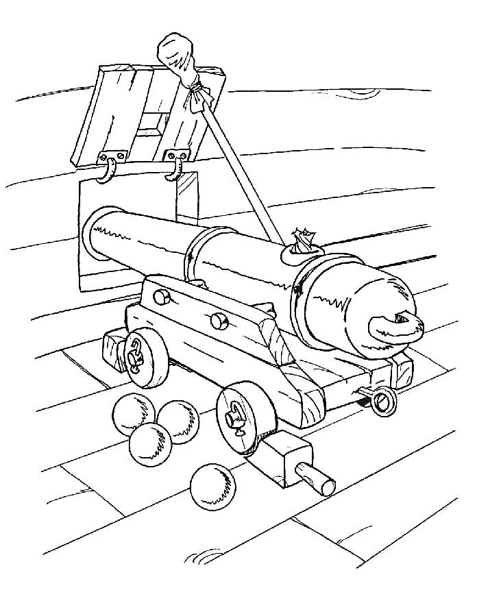 Раскраска Пушка на колёсной платформе с ядрами, часть корабля с открытым люком