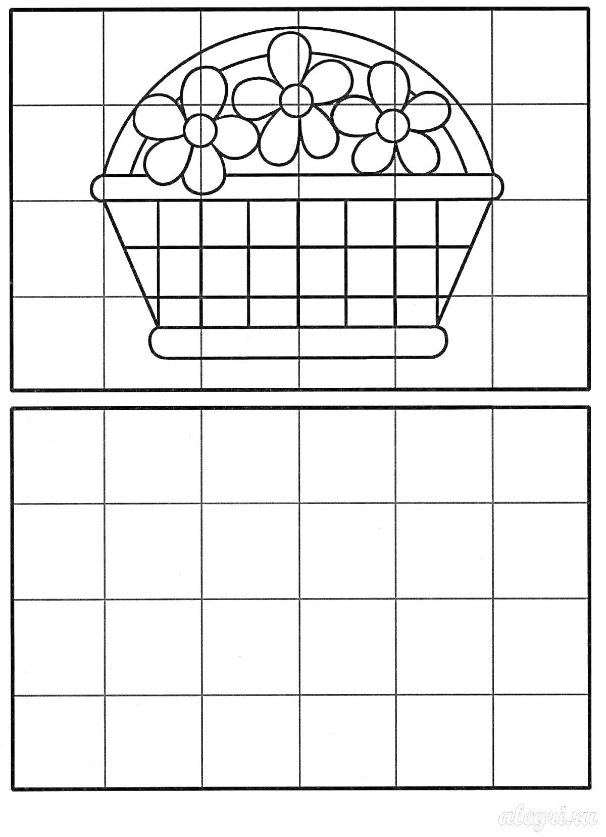 На раскраске изображено: Корзина, Цветы, Творчество, Сетка