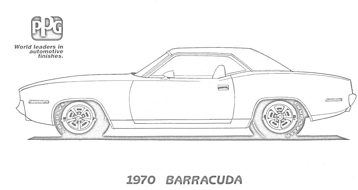 Раскраска Черно-белая раскраска с изображением автомобиля 1970 Barracuda, вид сбоку