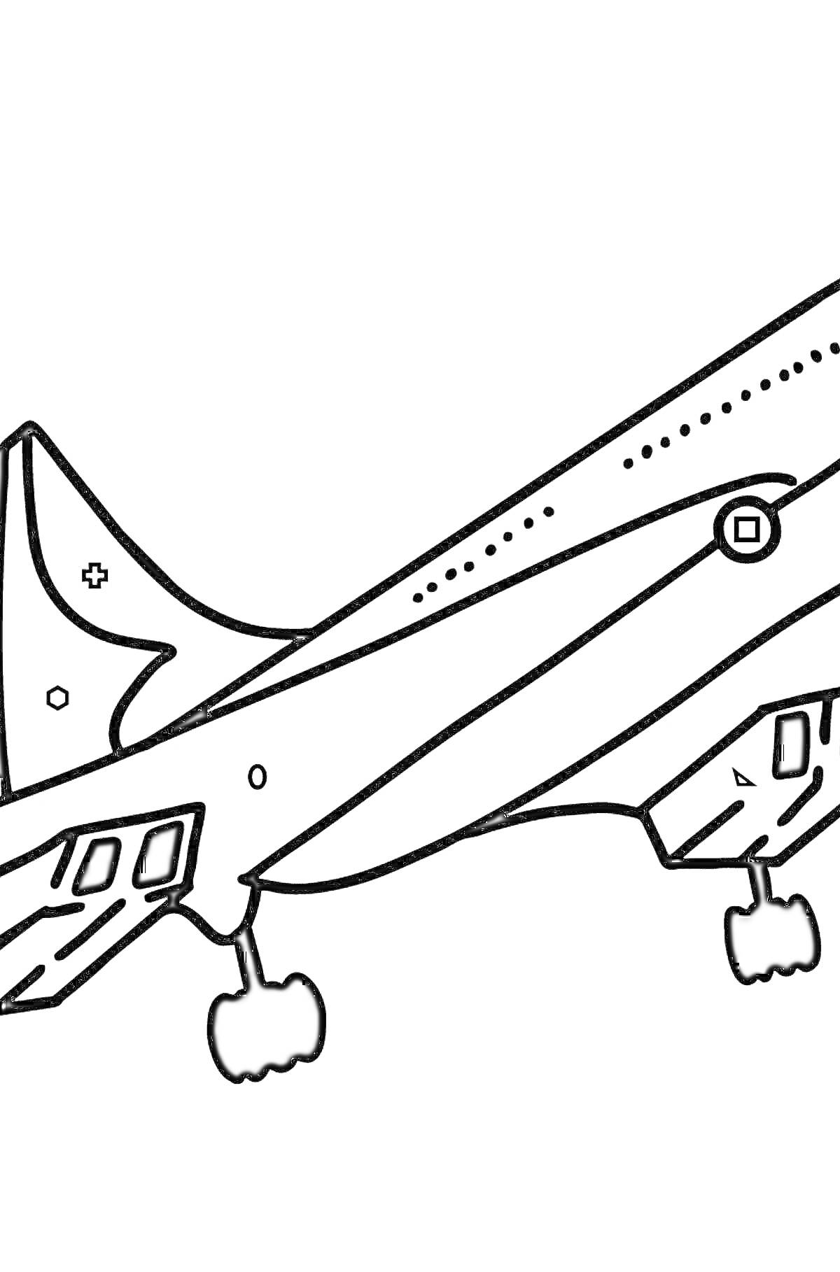 На раскраске изображено: Транспорт, Авиация, Колёса, Окна, Летательный аппарат