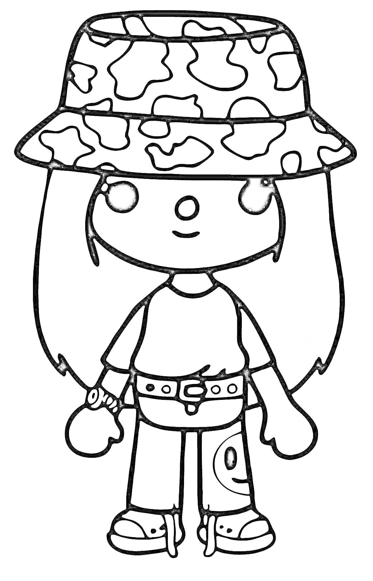 Раскраска Персонаж Тока Бока в шляпе с камуфляжным узором, футболке, джинсах с нашивкой и часами