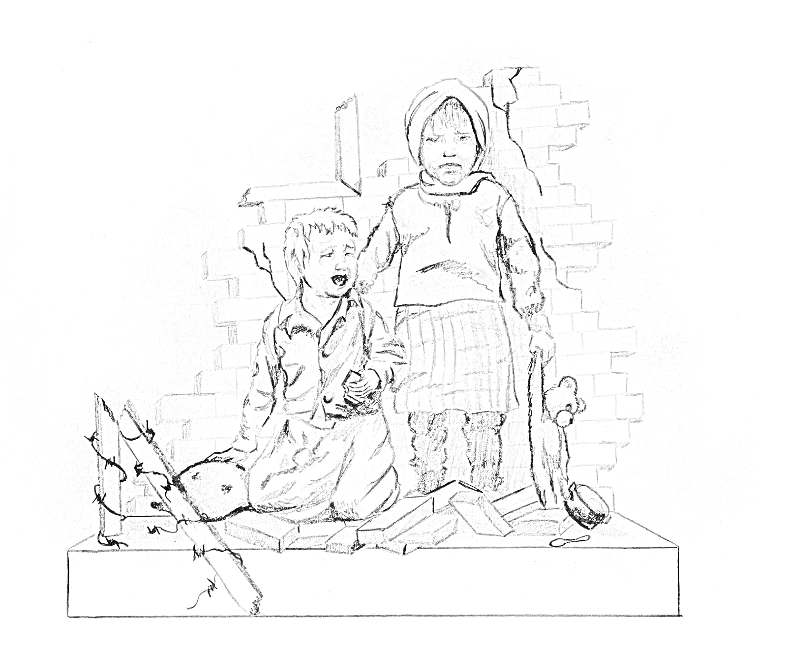 Раскраска Двое детей на фоне разрушенной стены, один сидит на земле с кашей в руках, рядом лежит шлем и игрушка