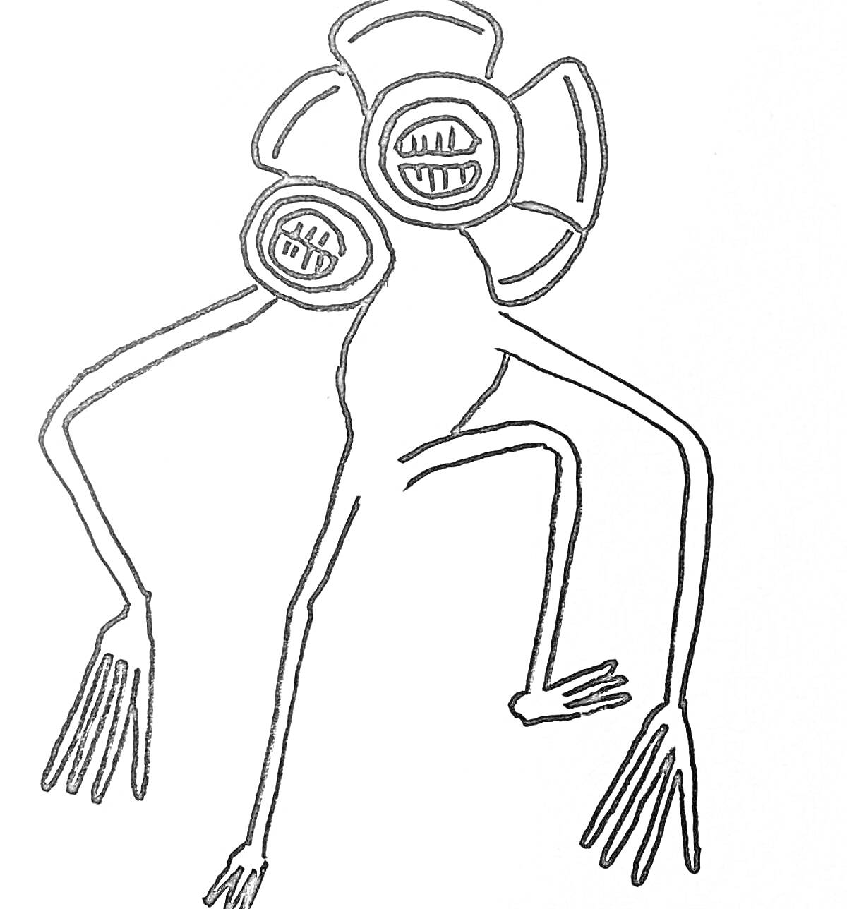 На раскраске изображено: Сиреноголовый, Монстр, Длинные руки, Сирена, Страшный персонаж, Существо