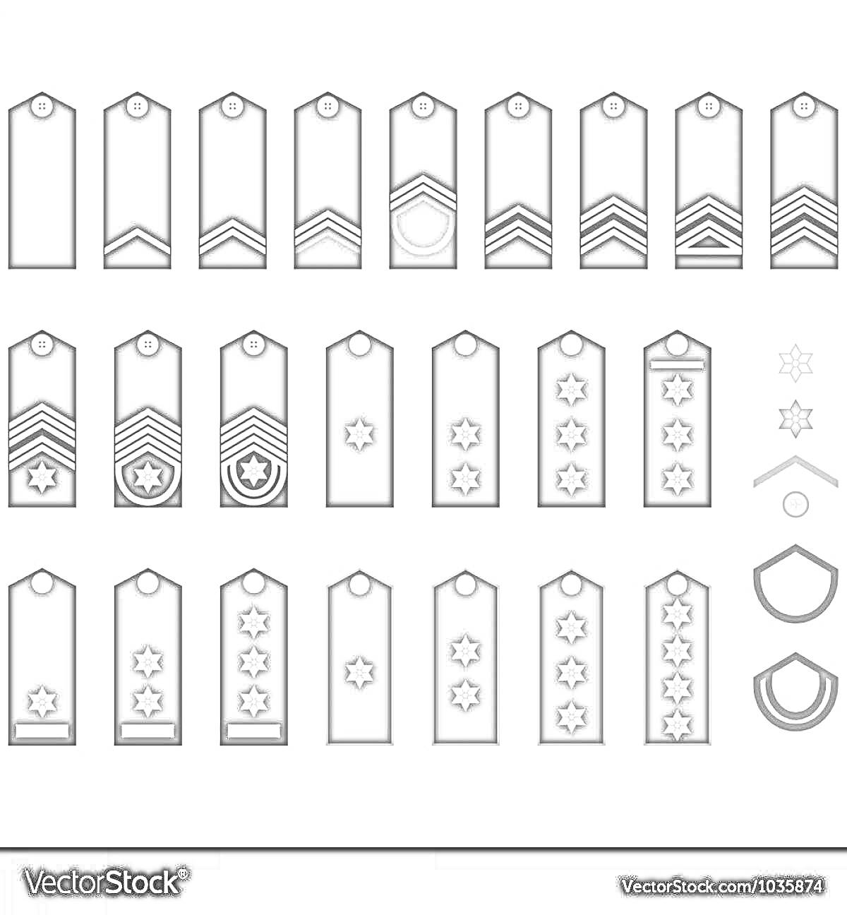 Раскраска Шаблоны погон с различными элементами: полоски, звезды и шевроны для раскраски детьми