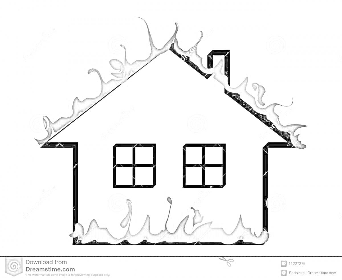 На раскраске изображено: Дом, Огонь, Пожар, Окна, Дымоход