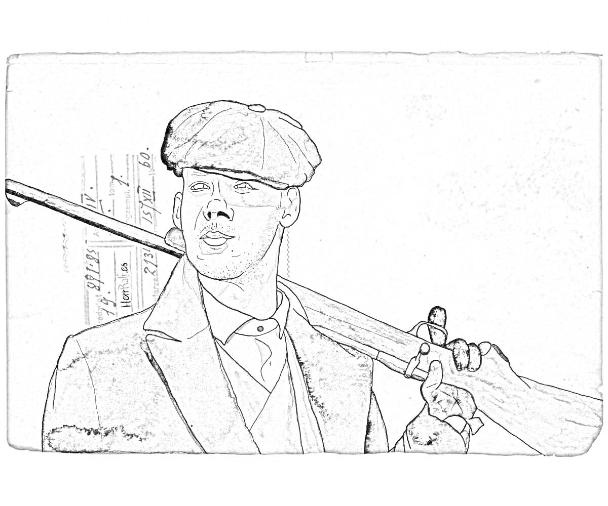 Раскраска Мужчина в кепке с ружьем на фоне нотного листа
