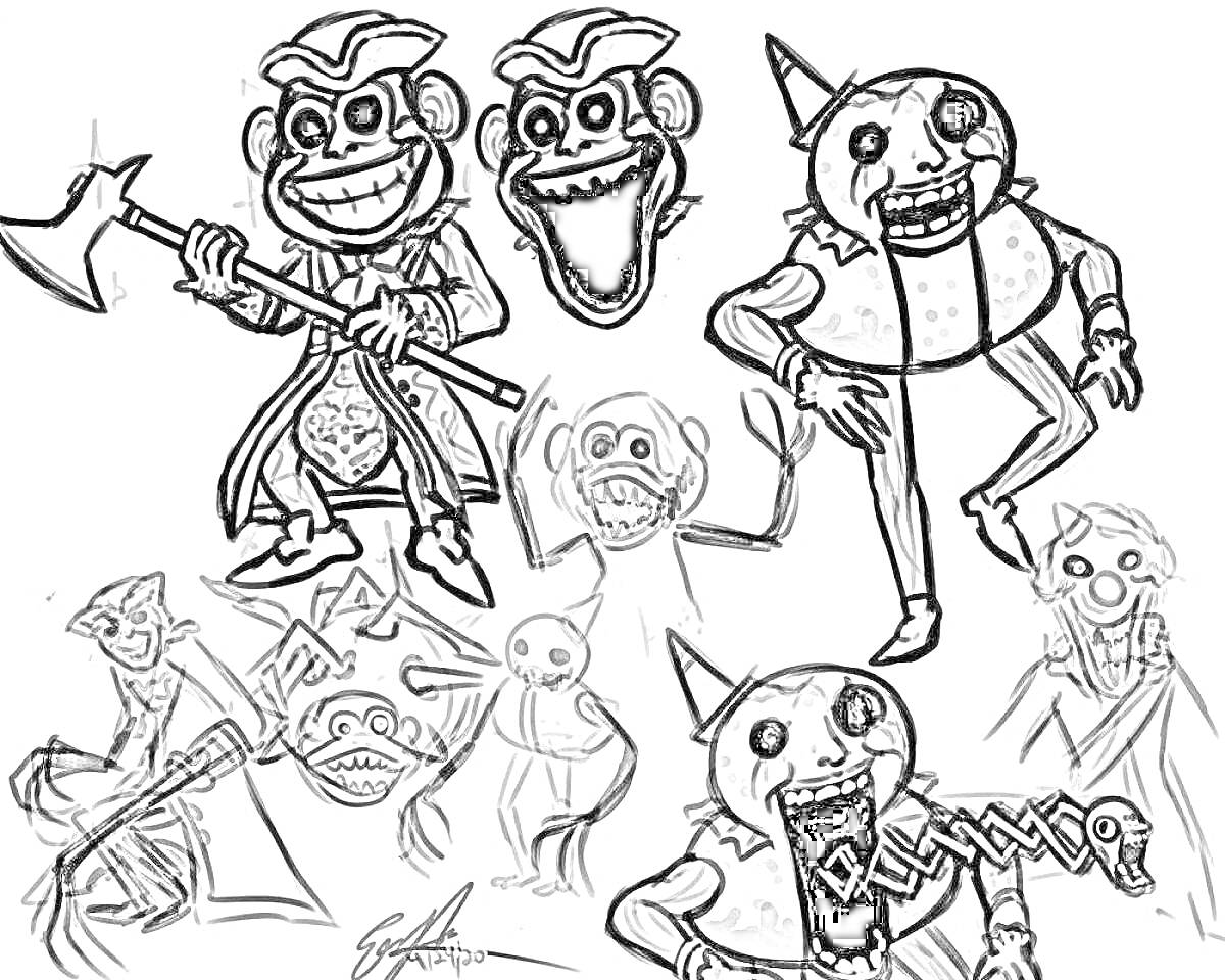 Раскраска Мрачные персонажи из игры Dark Deception, обезьяны с топорами, клоуны, призраки, чудовища, демоны