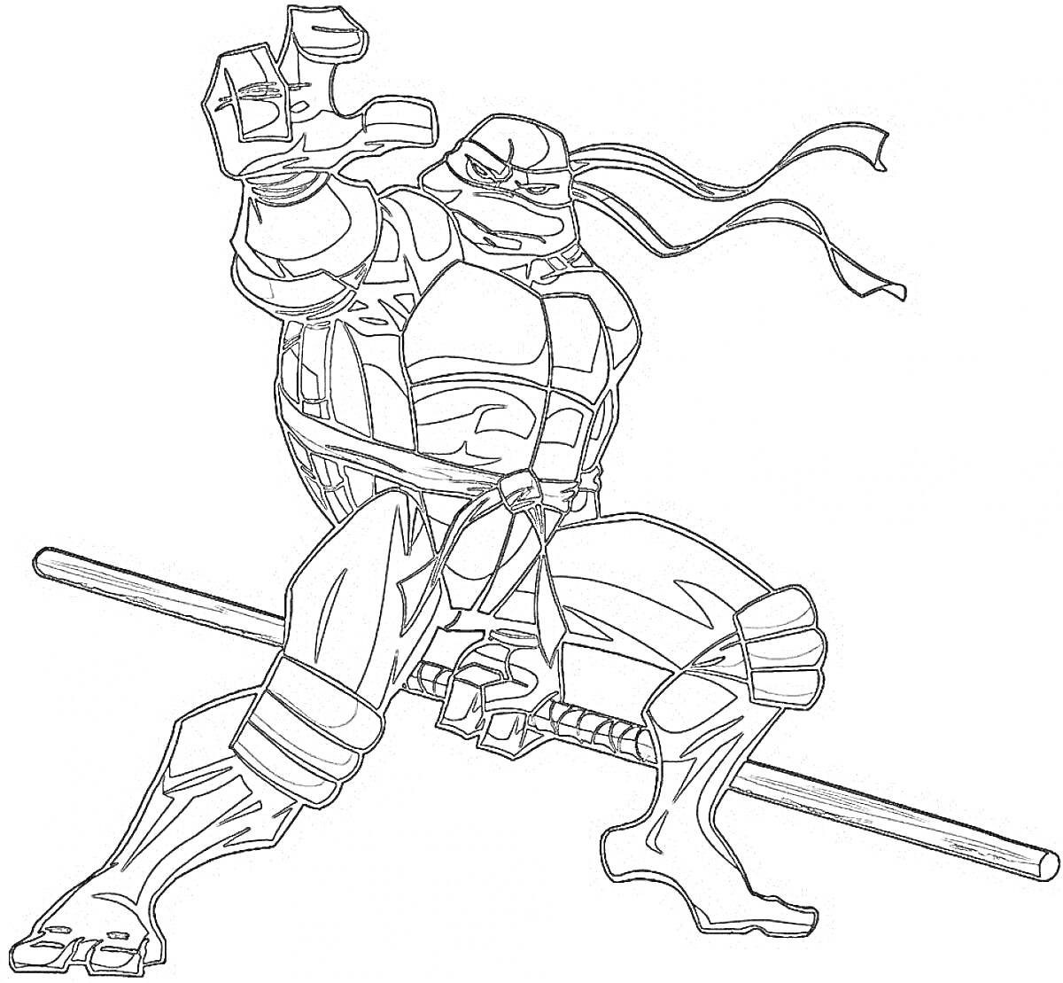 Раскраска Черепашка-ниндзя в боевой стойке с шестом-бо