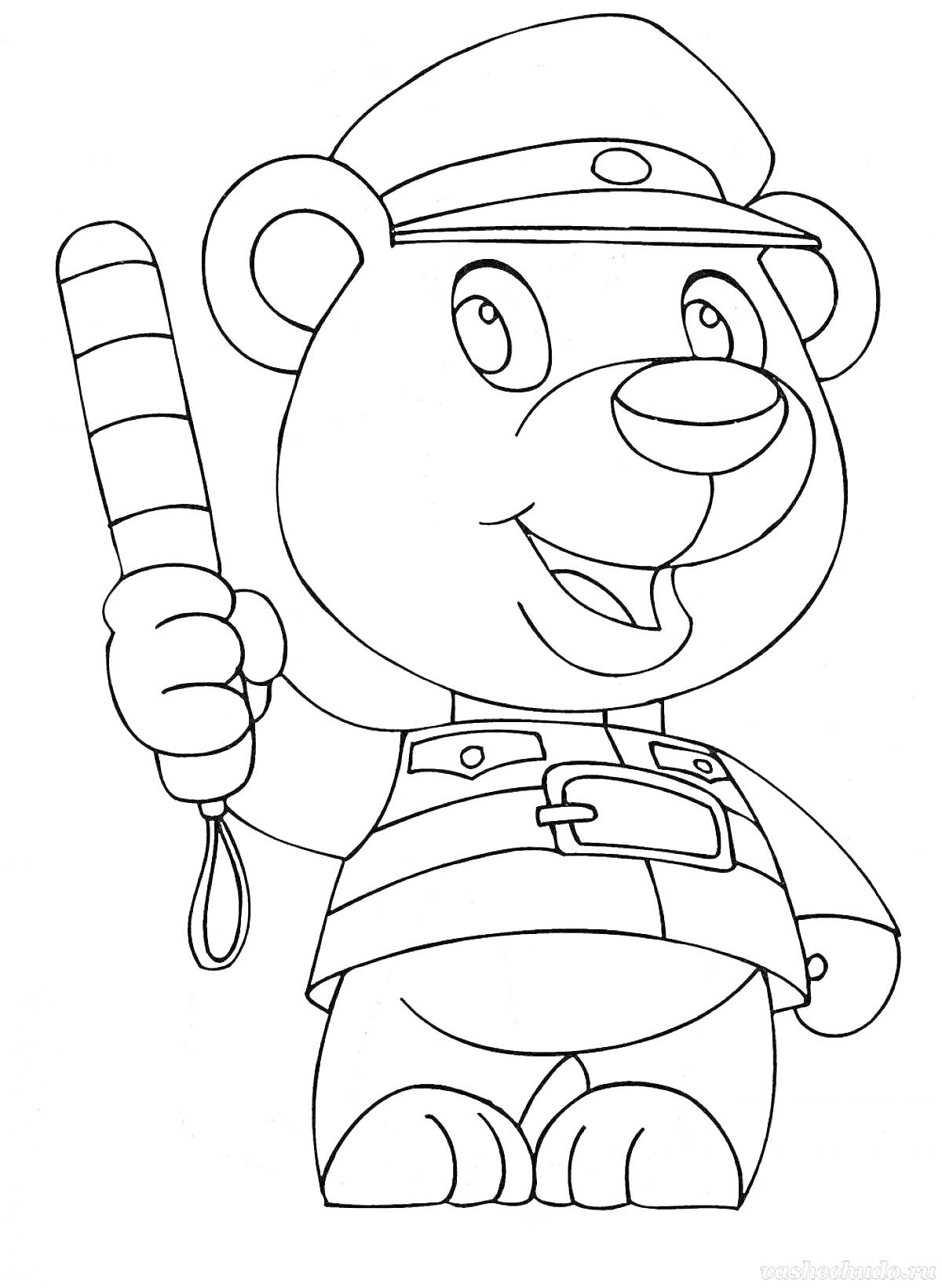 Раскраска Медвежонок-инспектор ГИБДД с полосатым жезлом в руке