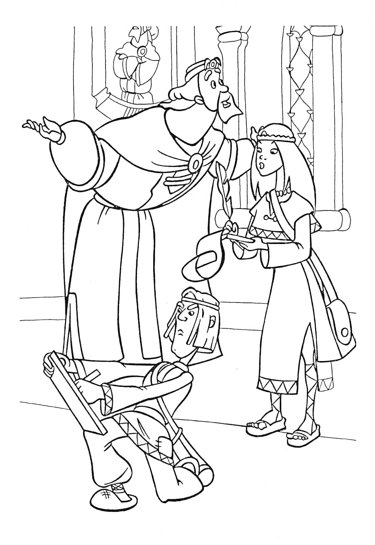 Раскраска Три богатыря беседуют и рисуют в присутствии Любавы