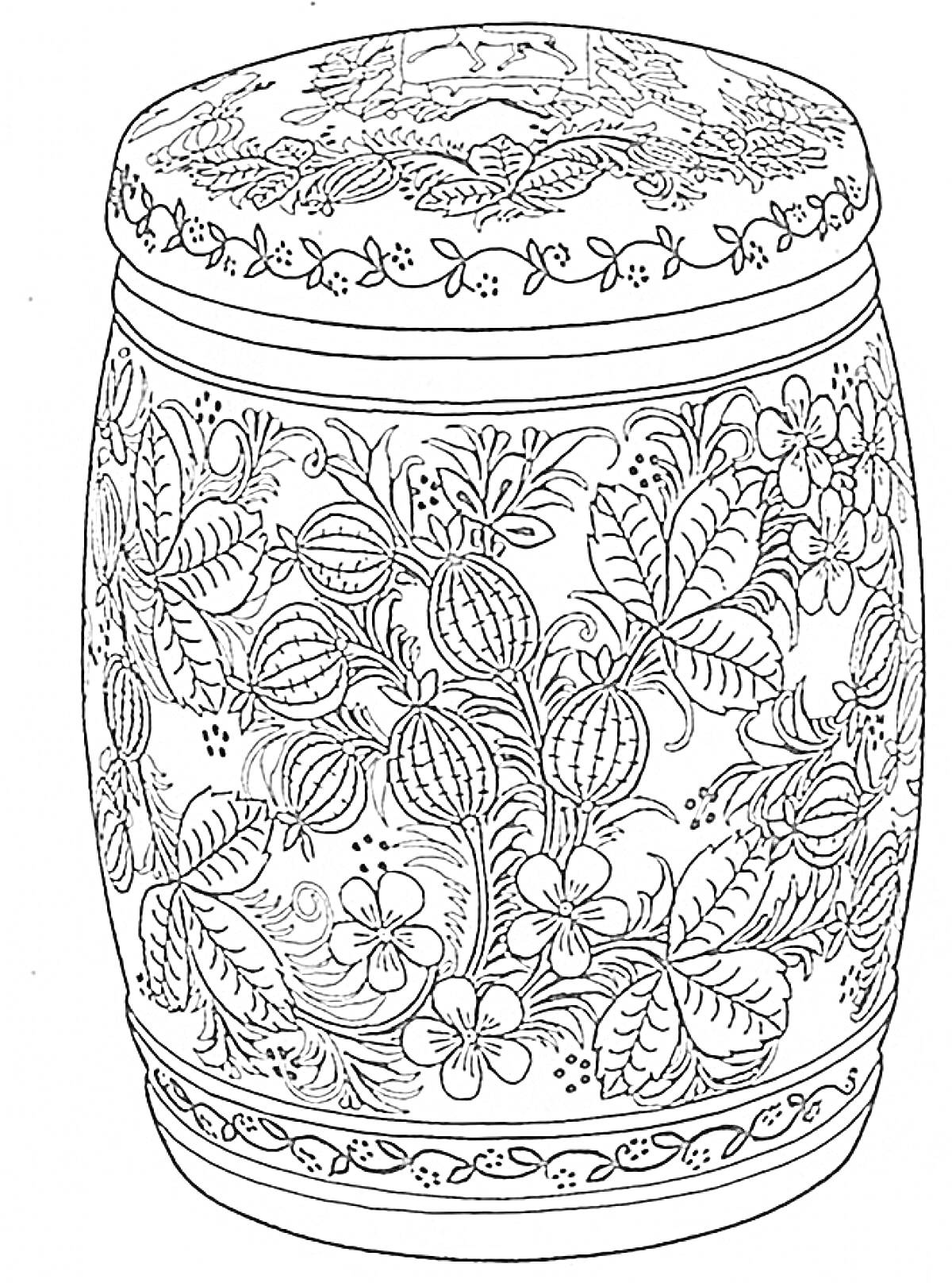 Раскраска Бочка с хохломской росписью, листья, цветы, ягоды