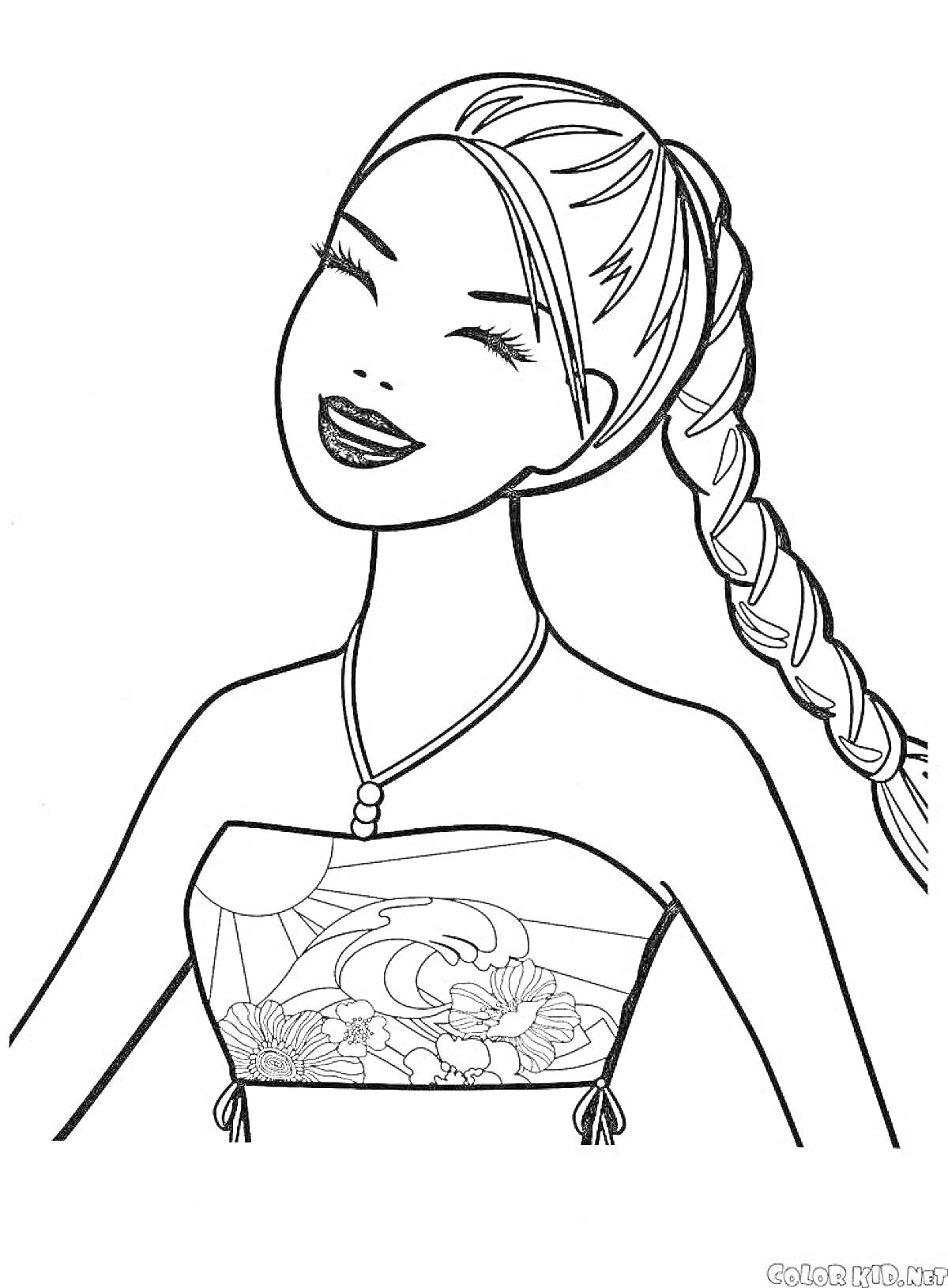 Раскраска Девочка с длинной косой и ожерельем в платье с цветочным рисунком