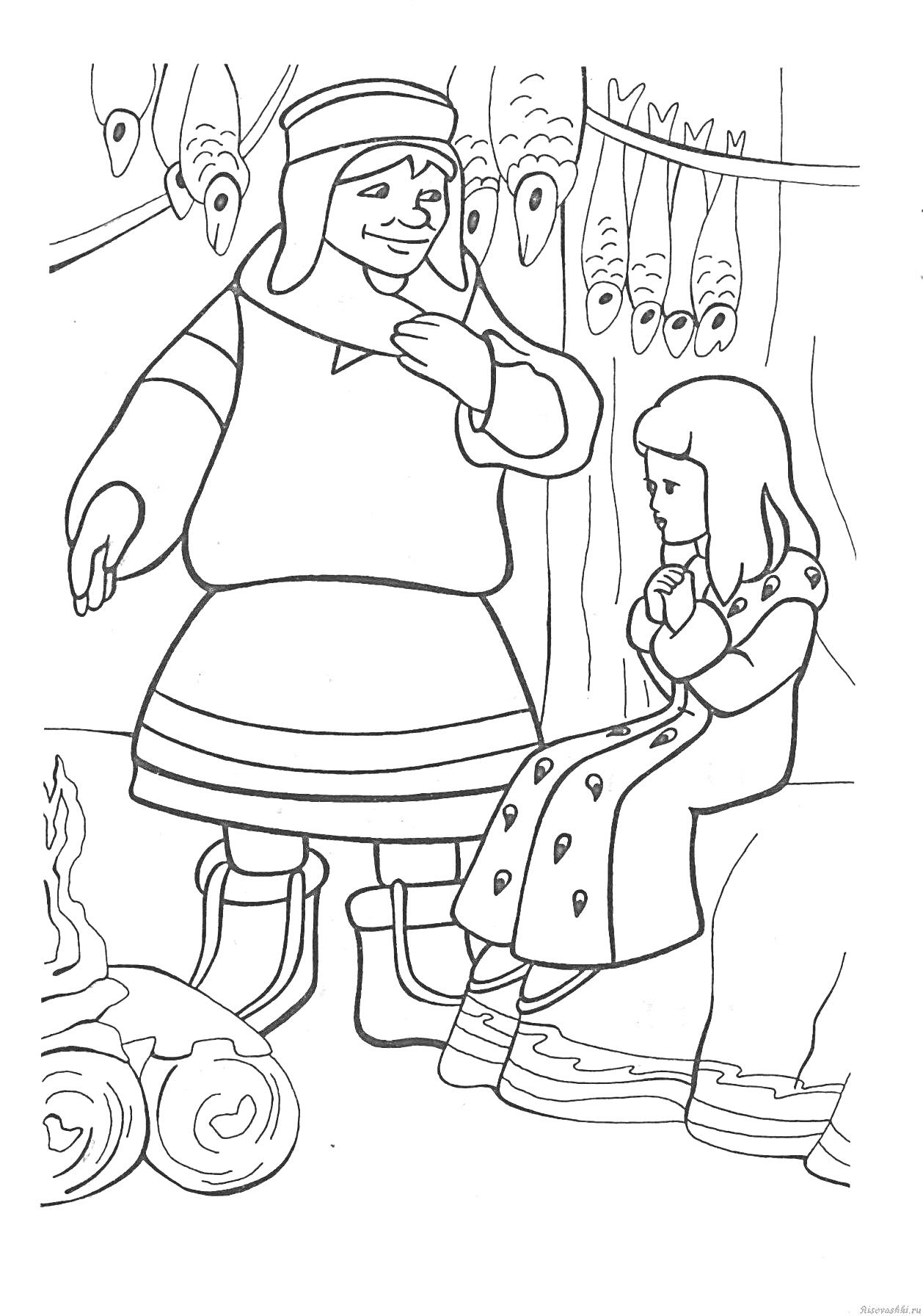 Раскраска Жительница северных земель с девочкой на фоне подвешенной рыбы и костра