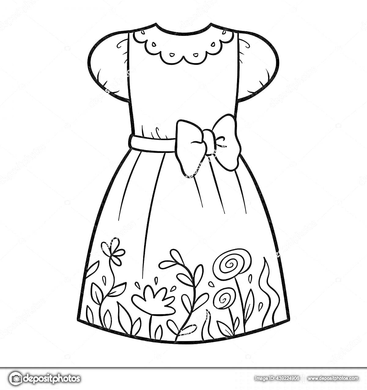 Раскраска Платье с бантом, кружевным воротничком и цветочным узором на подоле