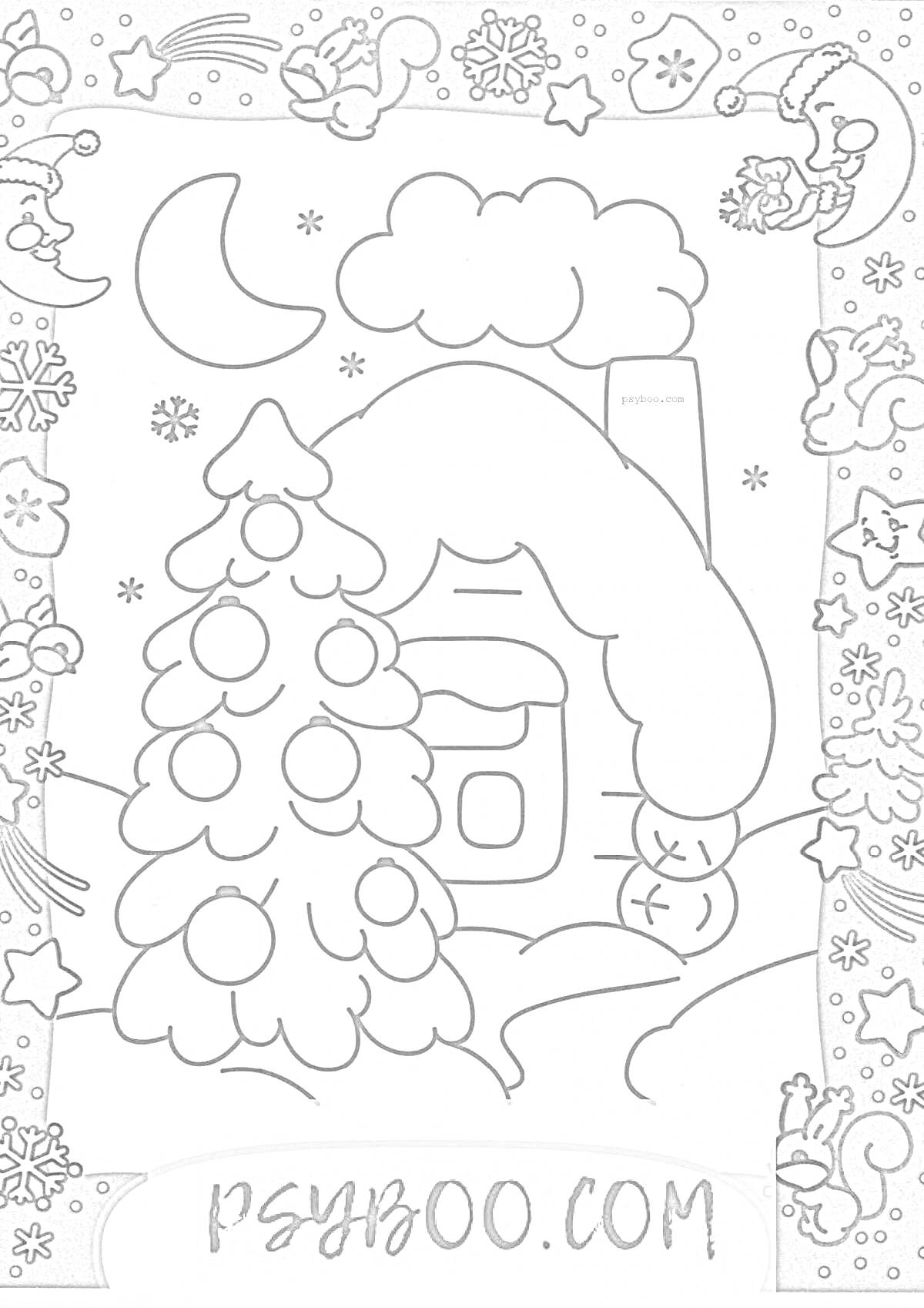 На раскраске изображено: Домик, Дед Мороз, Снег, Зима, Украшения, Звезды, Снежинки, Луна, Облака, Зимний пейзаж