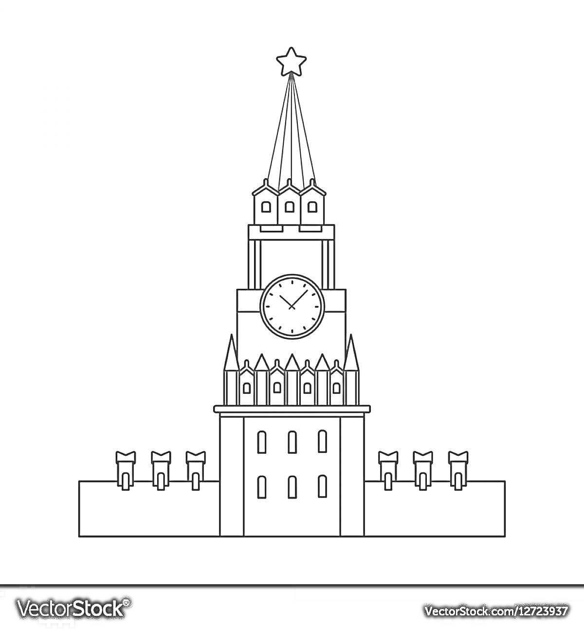 На раскраске изображено: Спасская башня, Кремль, Москва, Часы, Шпиль, Зубцы, Архитектура, Россия