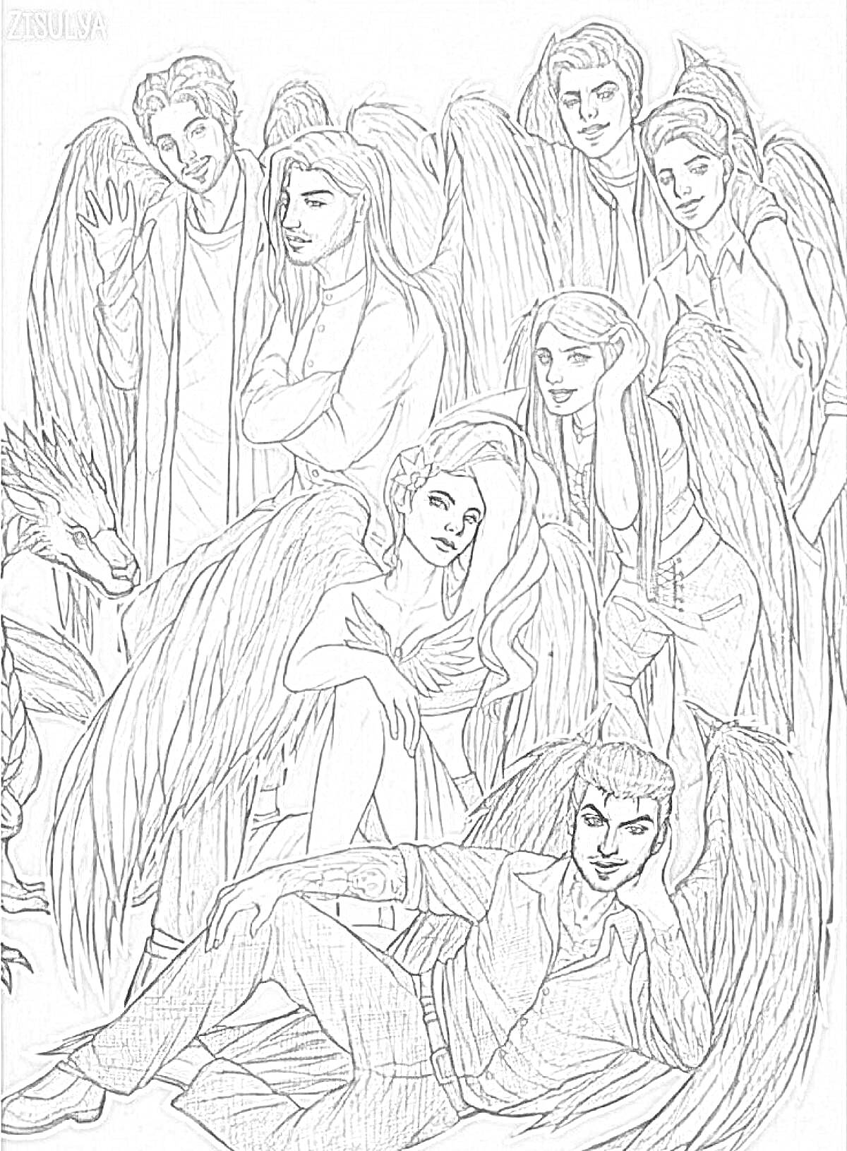 На раскраске изображено: Крылья, Мужчина, Фэнтези, Романтика, Ангел, Девочка