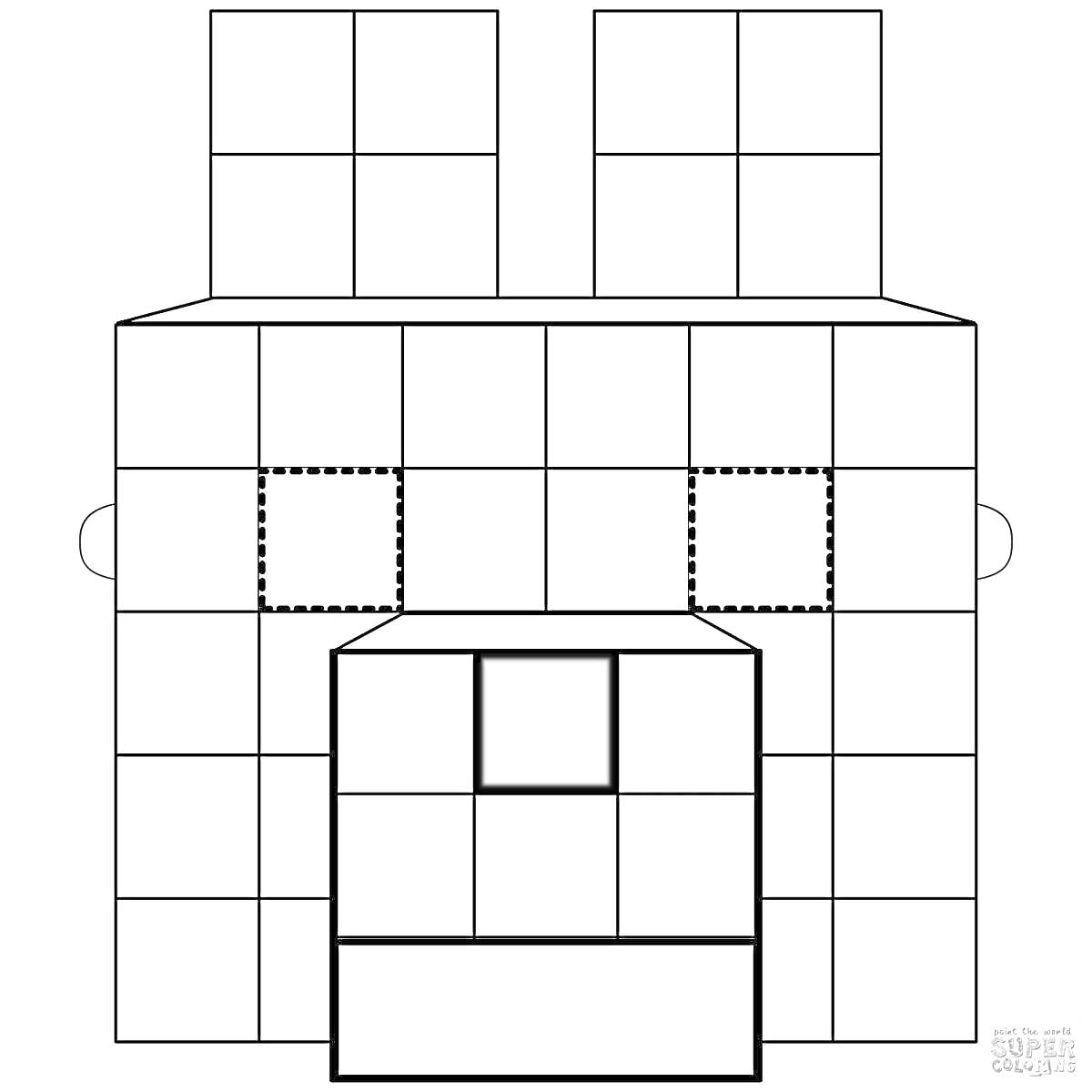 Раскраска Раскраска голова животного из игры Майнкрафт, центральная часть с черным квадратиком, сгруппированные вокруг квадраты