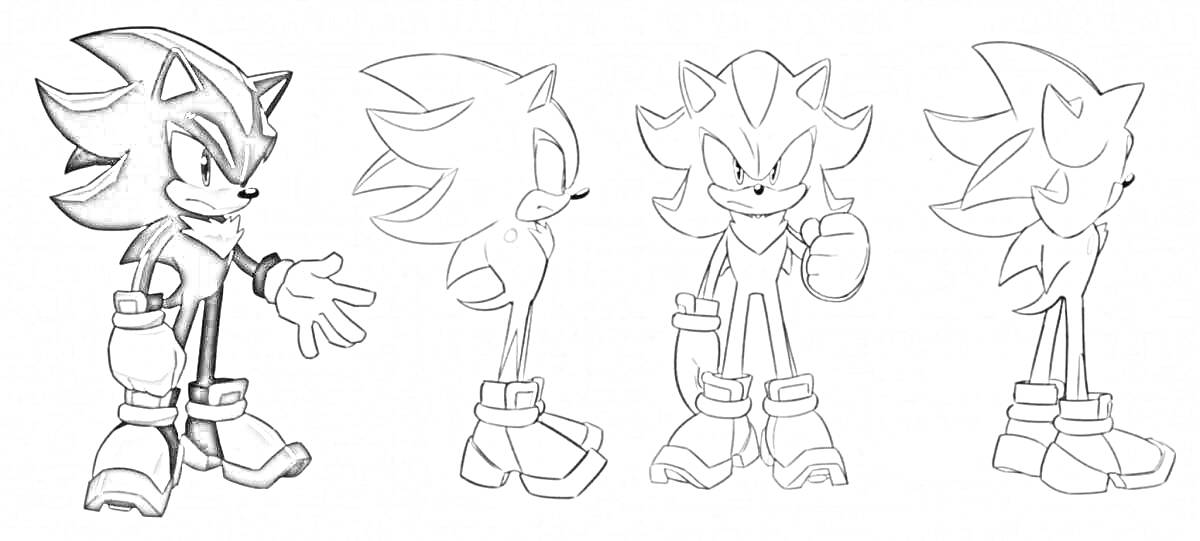 Раскраска с персонажами Sonic Team - четыре изображения одного персонажа в разных позах