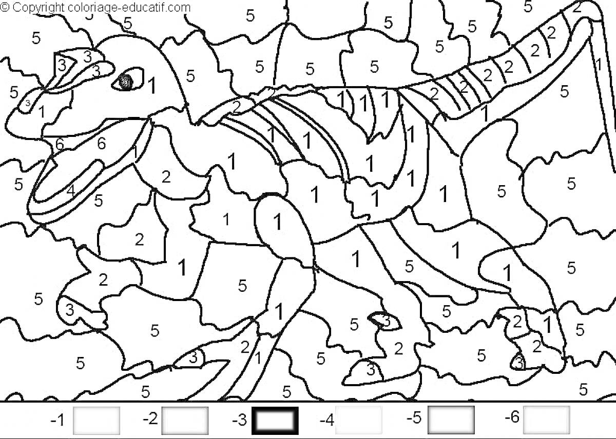 Раскраска Динозавр среди кустов, по номерам