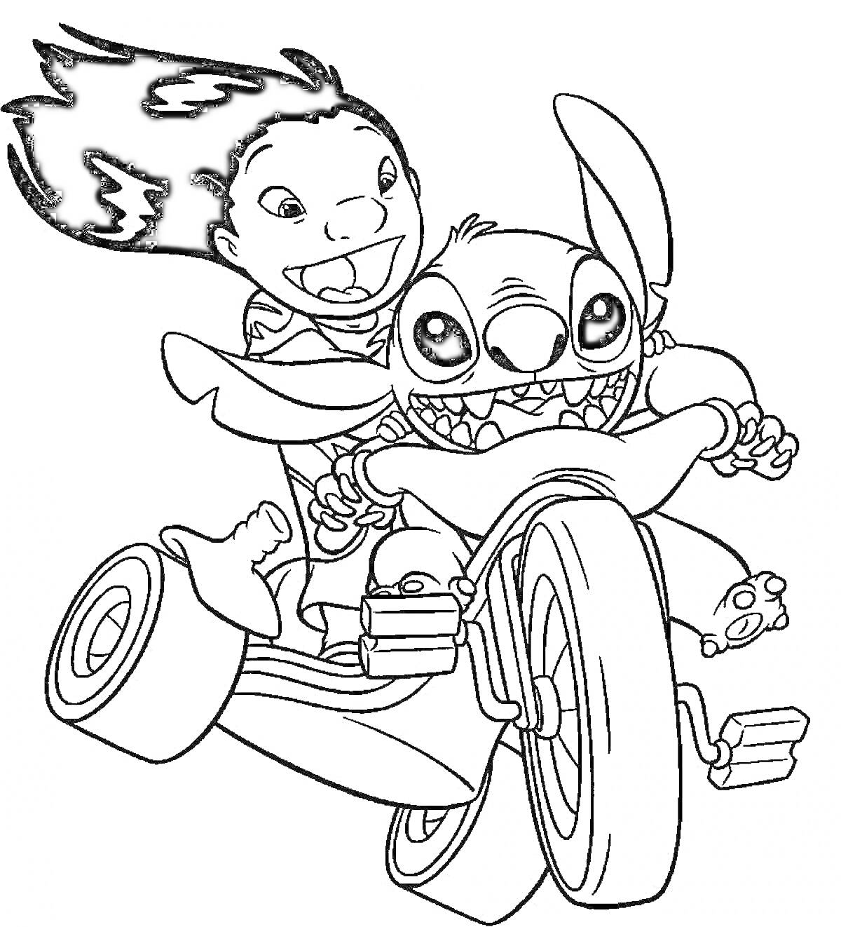 Раскраска Стич и мальчик на мотоцикле