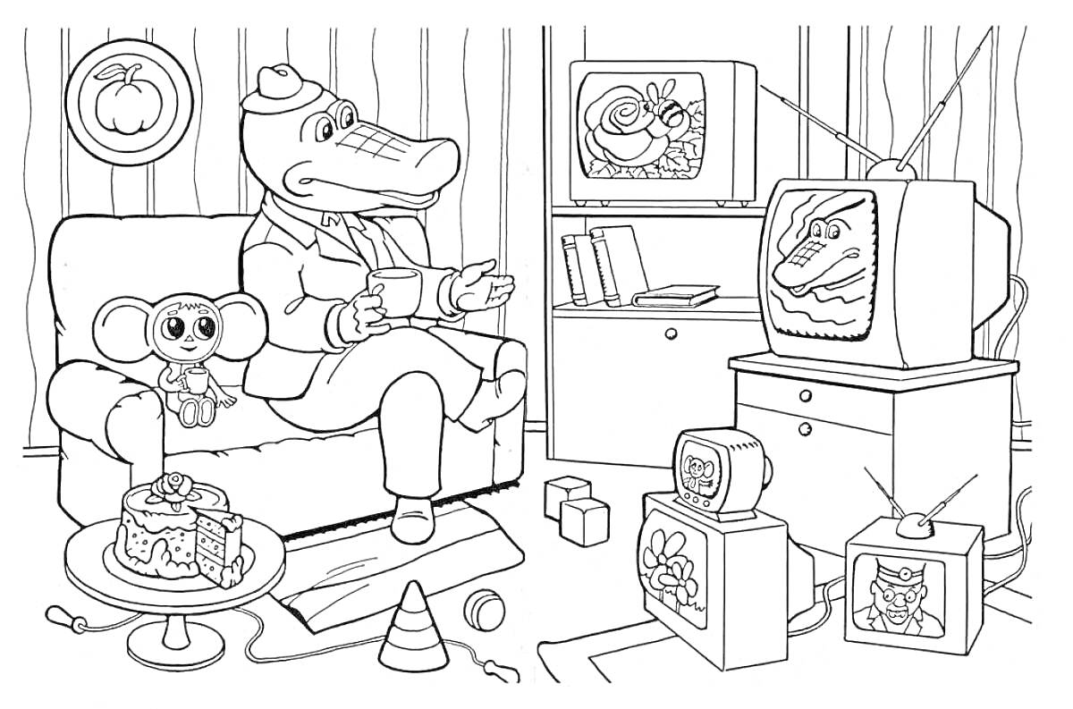 На раскраске изображено: Чебурашка, Крокодил Гена, Телевизор, Торт, Комната, Вечеринка