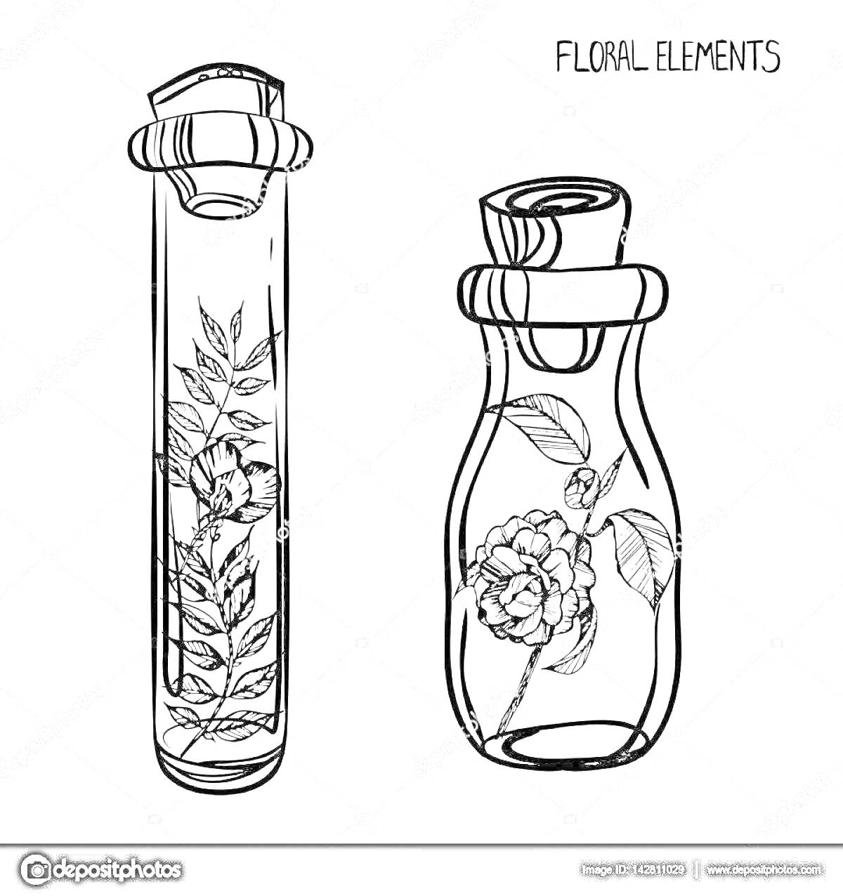 Раскраска Зелье в бутылке с цветочным узором, две бутылки с пробками, в одной из них цветы и листья, в другой цветок и фея