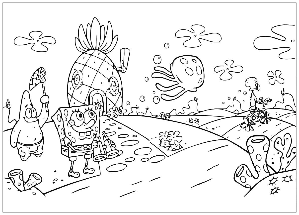 Раскраска Спанч Боб и Патрик на подводной прогулке с сачками, медуза, дом-ананас, велосипедист на фоне