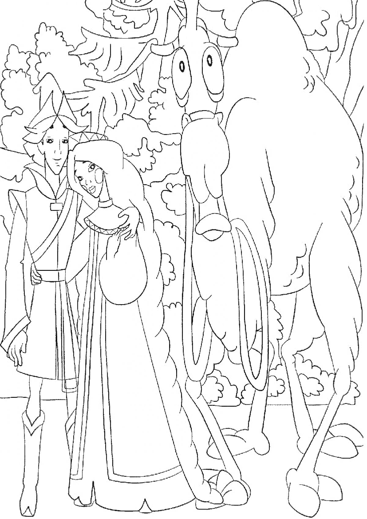 На раскраске изображено: Воин, Принцесса, Конь, Лес, Деревья, Три богатыря, Контурные рисунки