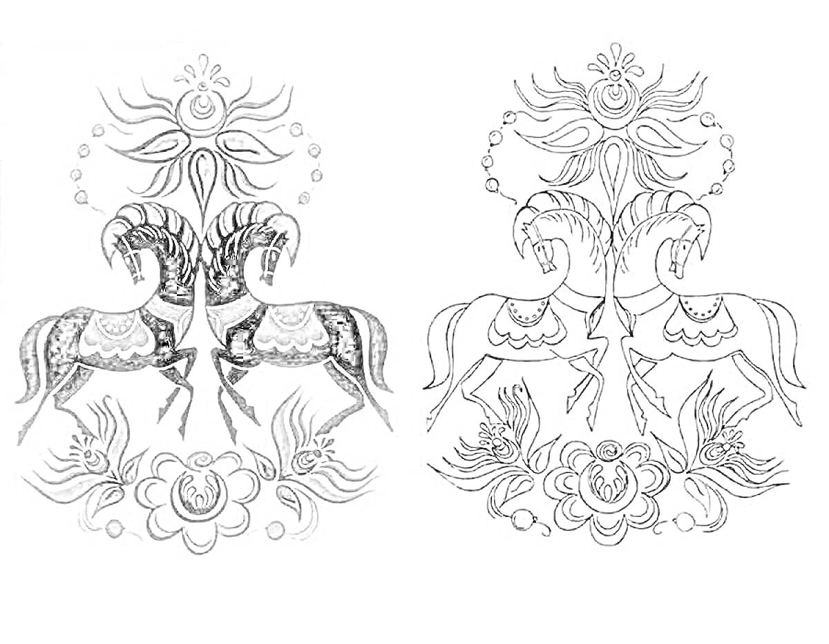 Раскраска Два коня, цветы и декоративные элементы в городецкой росписи