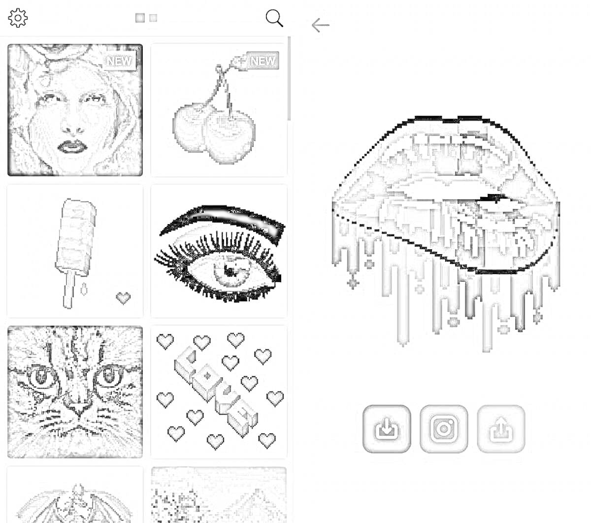 На раскраске изображено: Губы, Капли, Соцсети, Пиксельное искусство