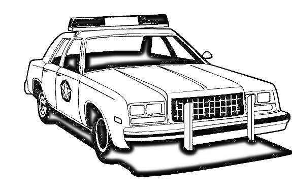 На раскраске изображено: Полицейская машина, Патрульная машина, Мигалки, Служба, Транспорт, Авто