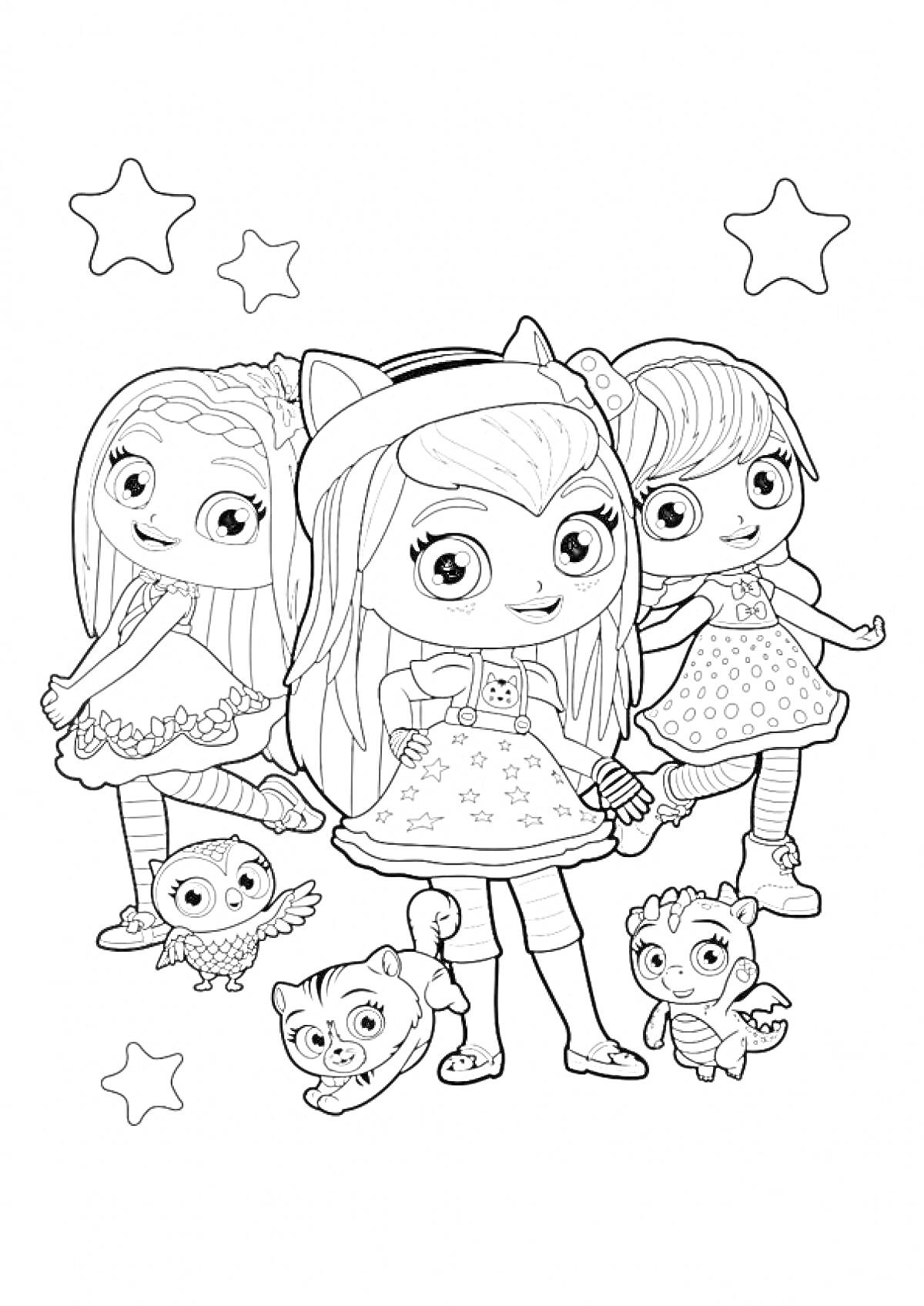 Раскраска Три девушки из Литтл Чармерс с тремя питомцами и пятью звездами