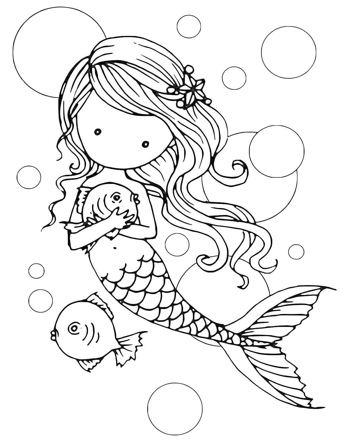 Русалка с длинными волосами и двумя рыбками на фоне пузырей