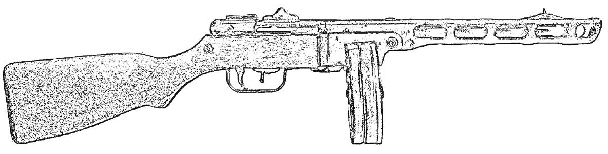 Раскраска Пистолет-пулемёт Шпагина (ППШ-41) с магазином и деревянным прикладом