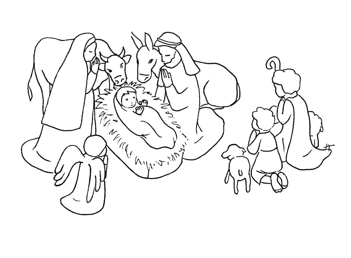 Раскраска Рождество Христово - сцена рождения Христа с младенцем Иисусом в яслях, Марией, Иосифом, ангелом, пастухами, коровами и овцами.