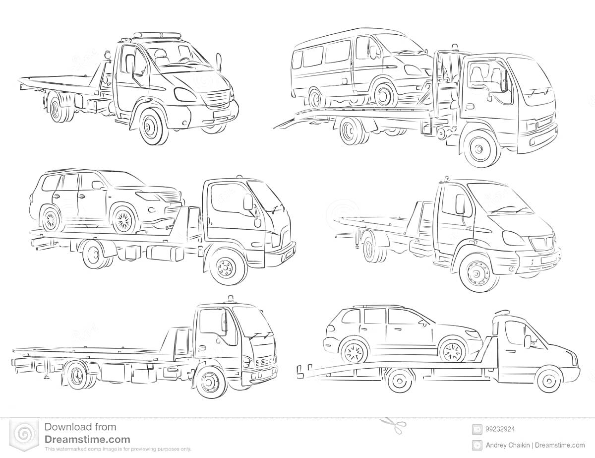 Раскраска Эвакуаторы с различными автомобилями: внедорожники, минивэны, грузовики