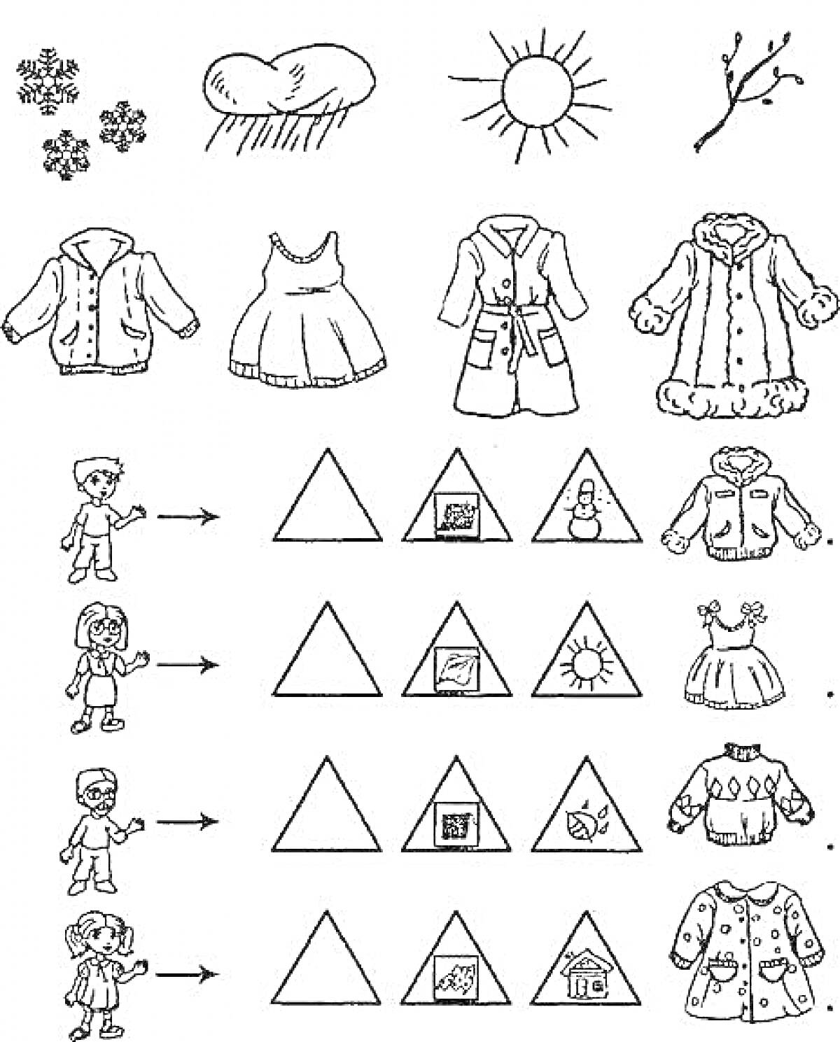 На раскраске изображено: Одежда, Обувь, Головные уборы, Платье, Пальто, Куртка, Ботинки, Девочка, Мальчик, Природа, Солнце, Цветы, Ветка
