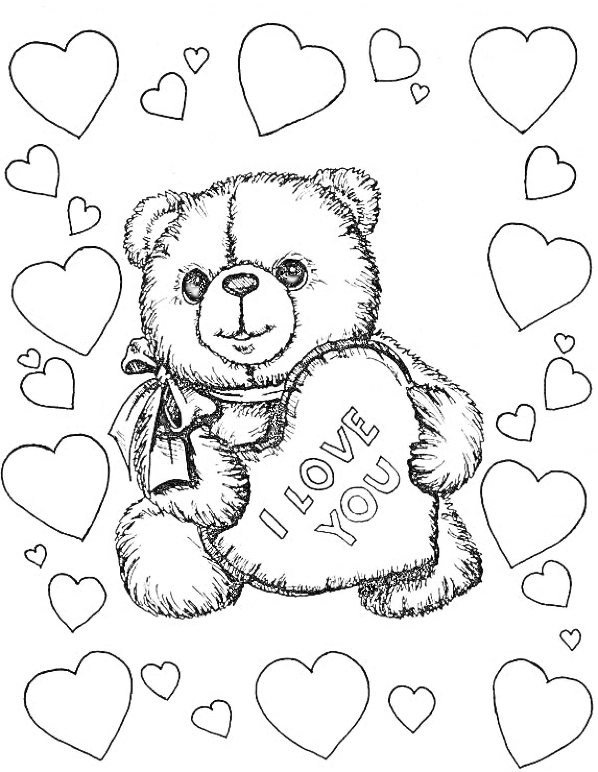 На раскраске изображено: I Love You, Любовь, Из мультфильмов, Романтика, Для детей, Подарки, Медведь, Сердца