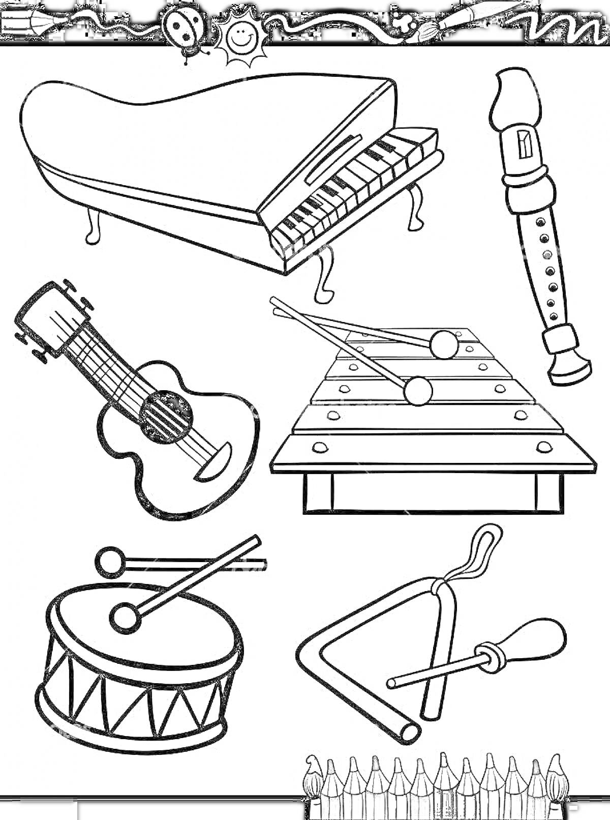 Раскраска пианино, блок-флейта, гитара, ксилофон, барабан с палочками, треугольник с молоточком