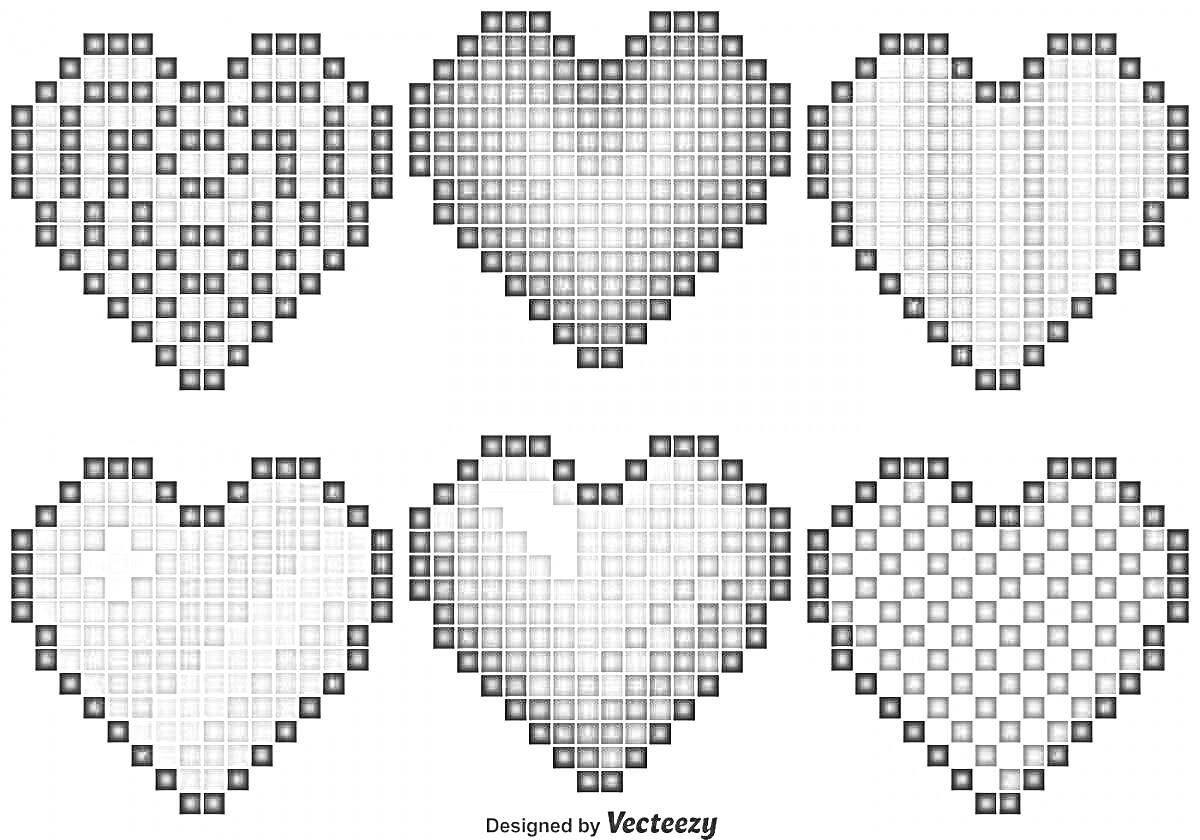 Раскраска Сердце Майнкрафт, шесть сердец с пикселей, разные узоры