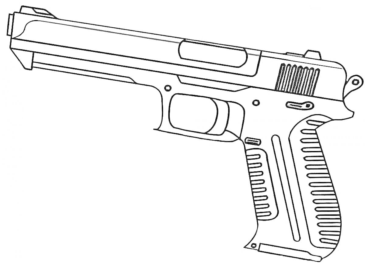 На раскраске изображено: Пистолет, Оружие, Огнестрельное оружие, Спусковой крючок, Рукоятка, Контурные рисунки