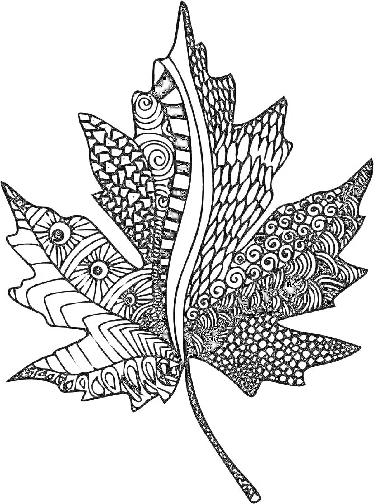 Раскраска Лист, украшенный графическими узорами
