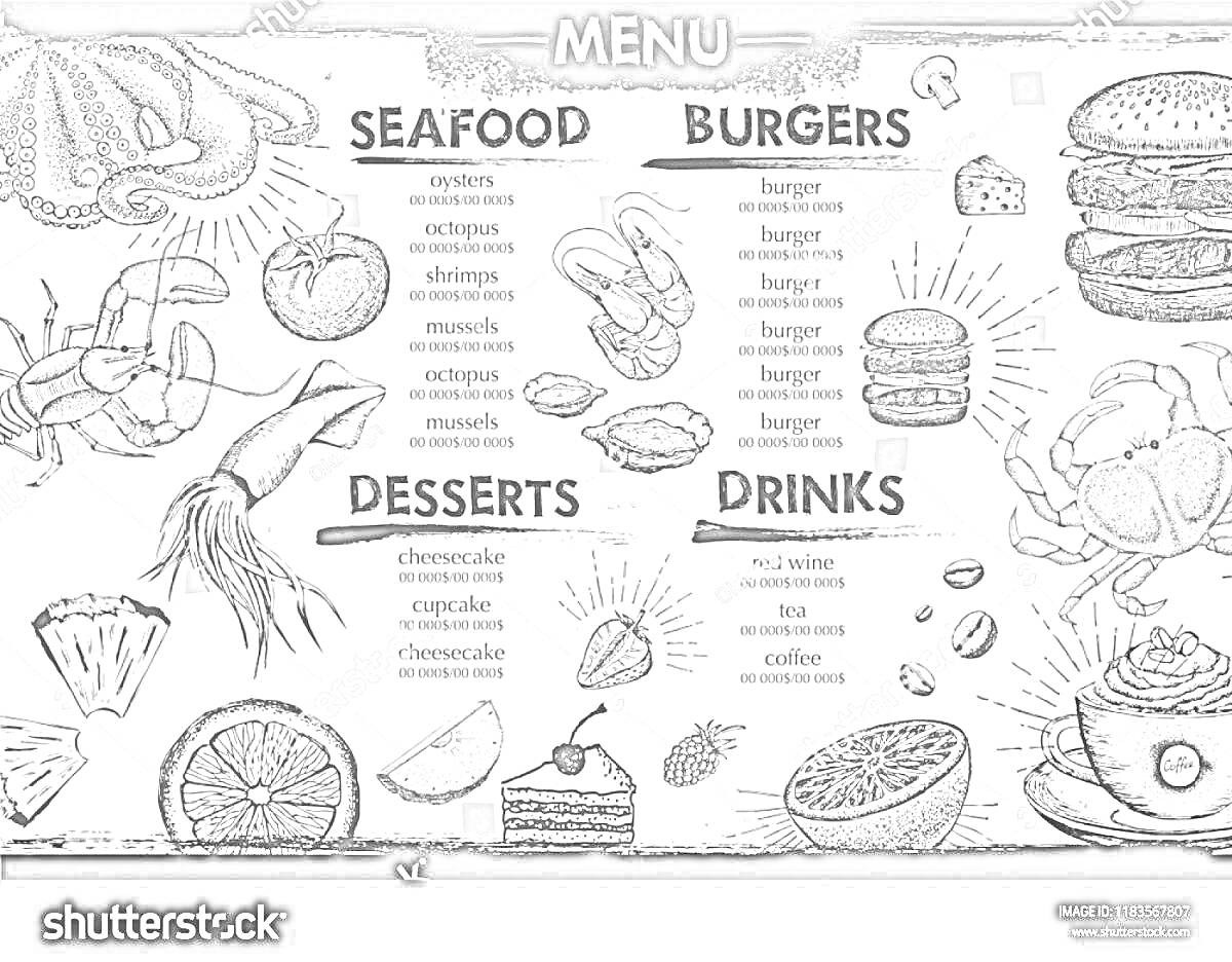 Раскраска меню с изображениями морепродуктов (осьминог, краб, креветка, кальмар), овощей (помидор, лук, авокадо), бургеров, десертов (чизкейк, мороженое, торт), напитков (цитрусовые, клубника, коктейль)