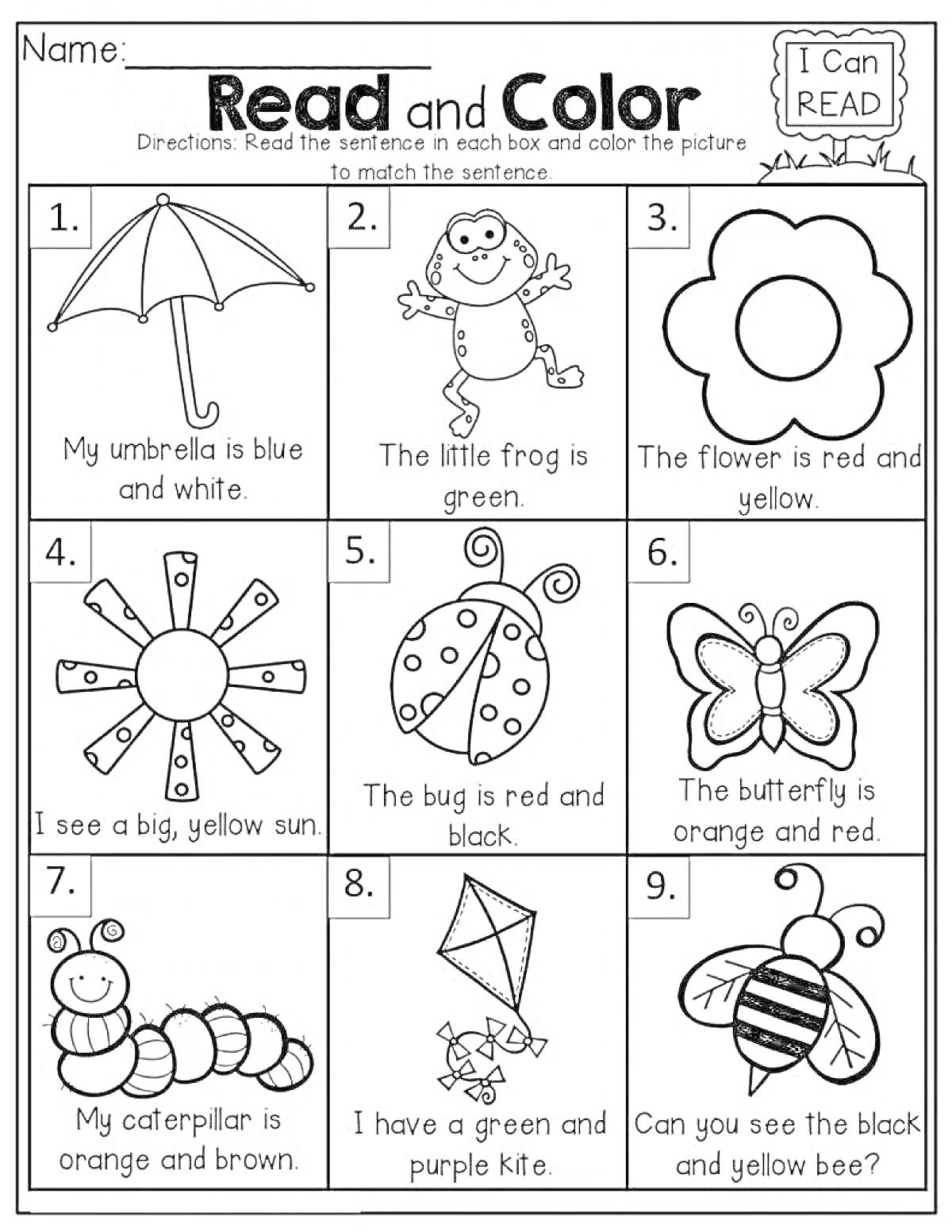 Раскраска Раскраска по английскому языку: зонтик, лягушка, цветок, солнце, божья коровка, бабочка, гусеница, воздушный змей, пчела