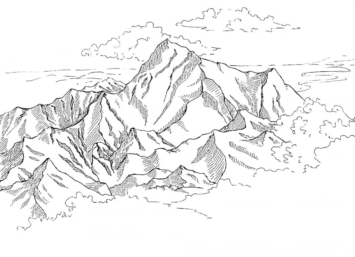На раскраске изображено: Эльбрус, Горы, Облака, Природа, Пейзаж, Вершины